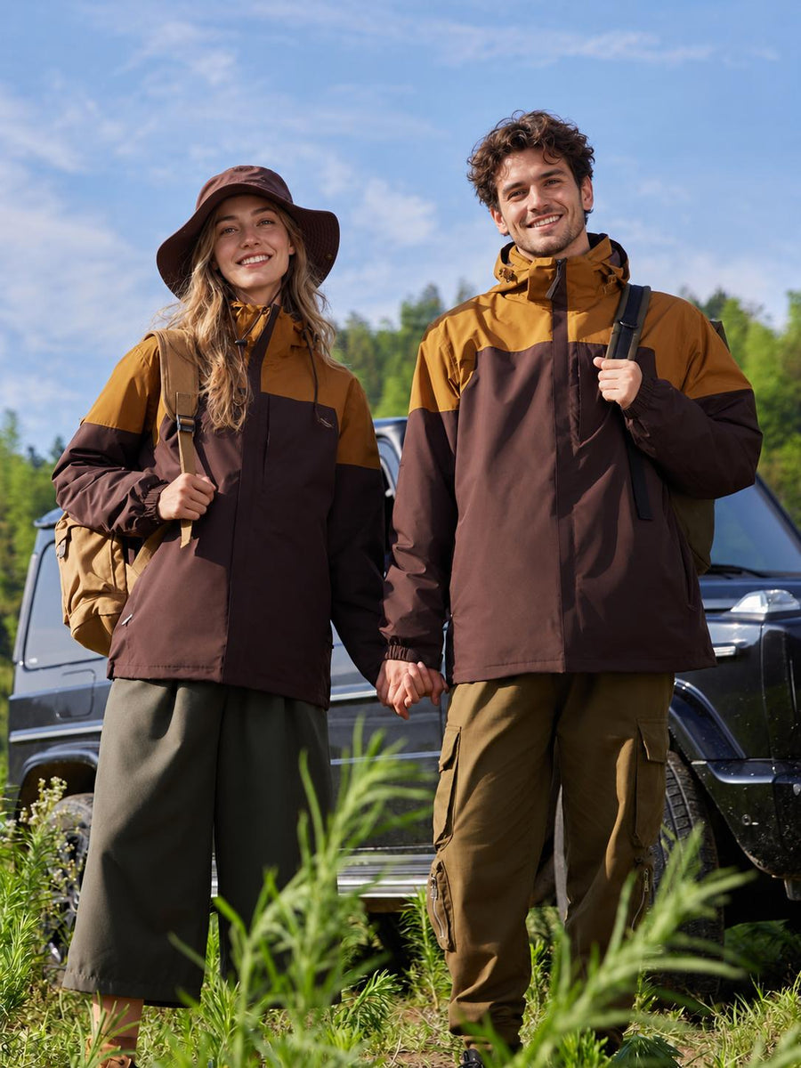 Two models wearing the Sharp Brown Fernlow jacket outdoors