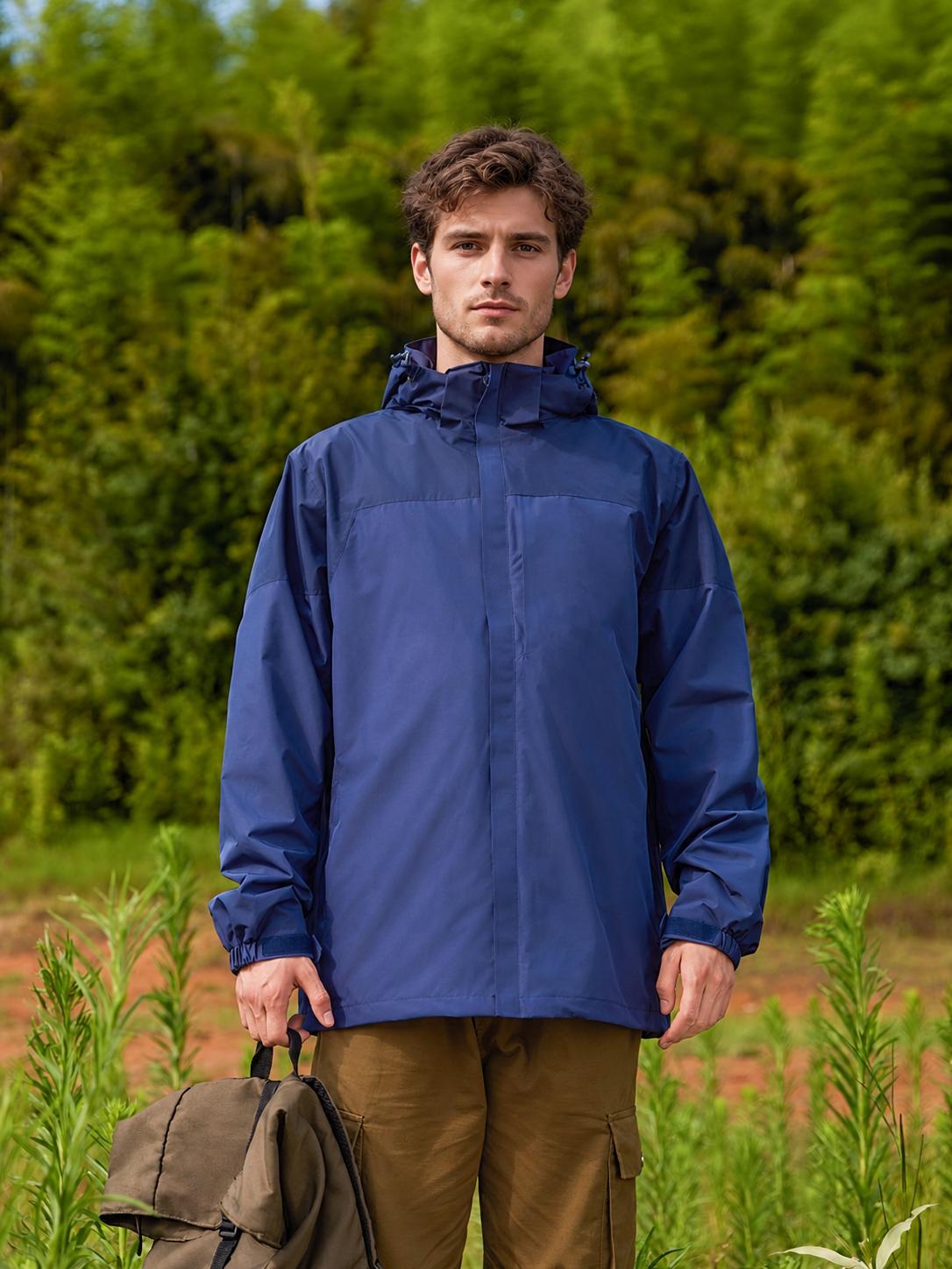 Model wearing the Light Navy Fernlow jacket outdoors