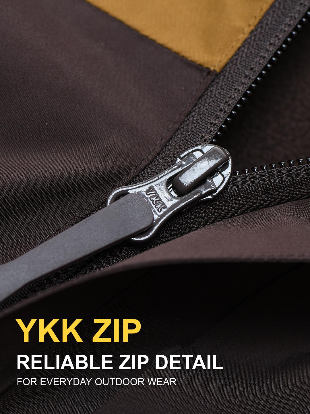 Close-up of the YKK front zip
