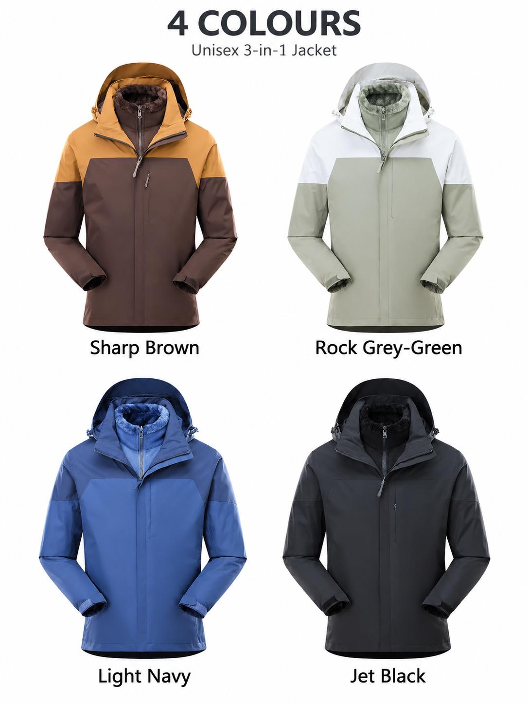 Four jacket colours with image labels Sharp Brown, Rock Grey-Green, Light Navy and Jet Black