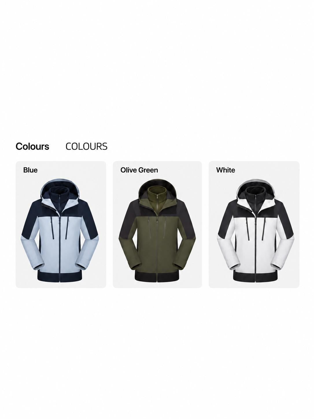 Blue, olive green and white jacket colour options